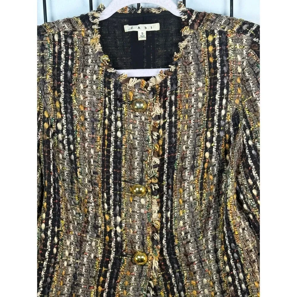Cabi Paris Wool Blend Boucle Tweed Fringe Blazer Jacket Womens Brown S Boho‎